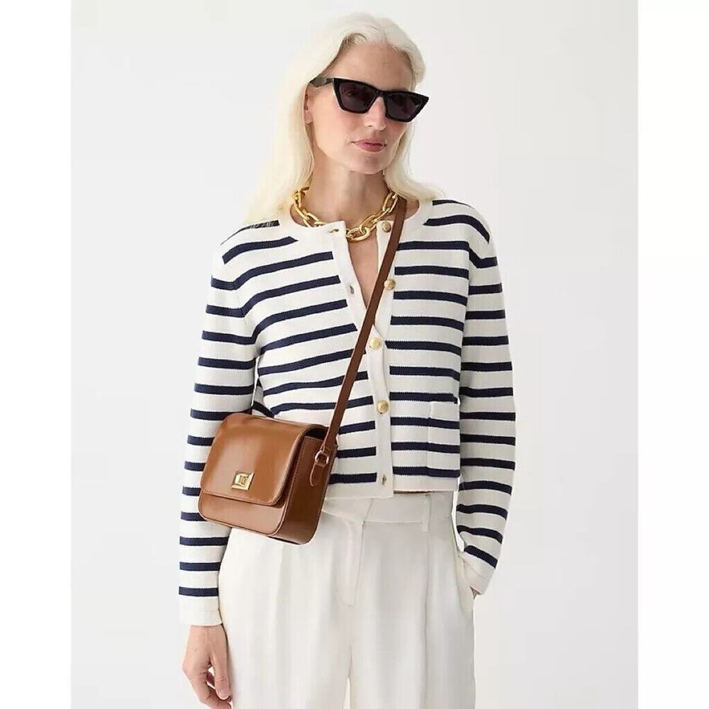 Jcrew Emilie Patchpocket Sweater Lady Jacket In Stripe - S - Ivory Navy - Picture 3 of 6